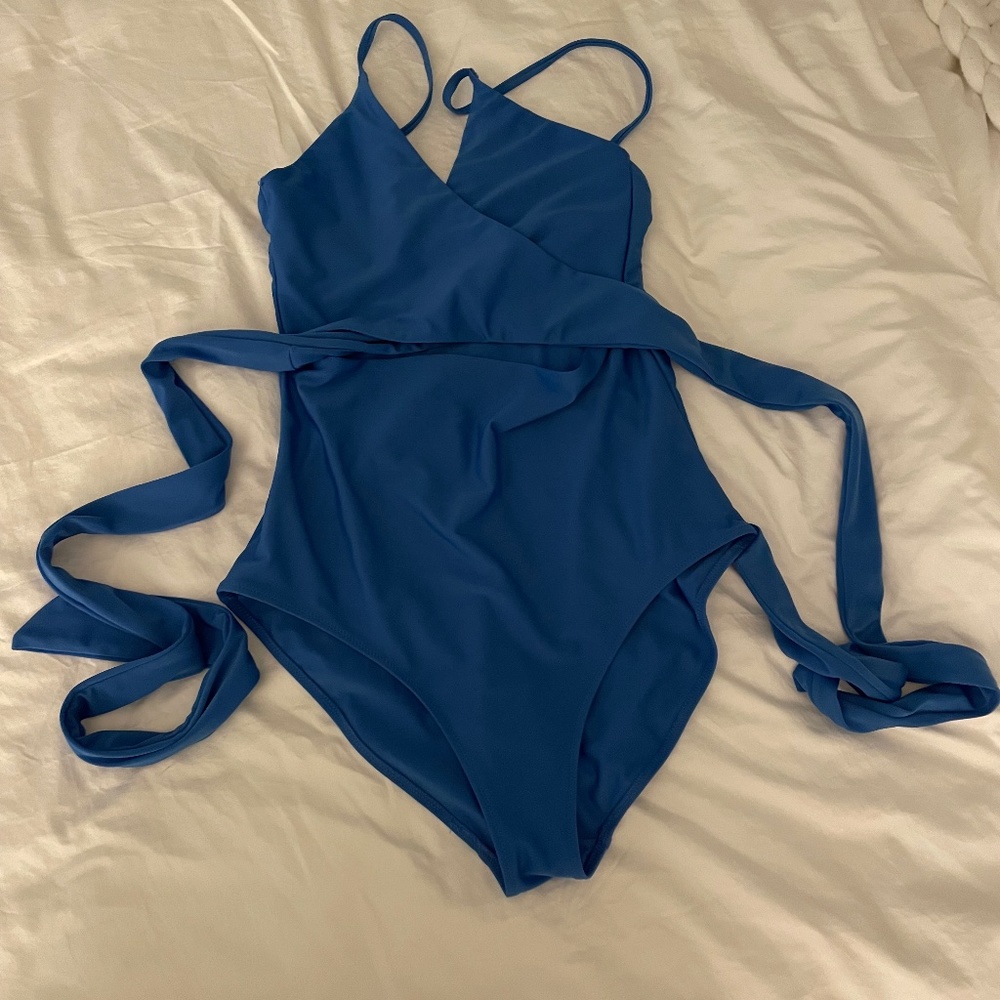 Aerie Wrap One Piece Swimsuit Blue Sz M TALL